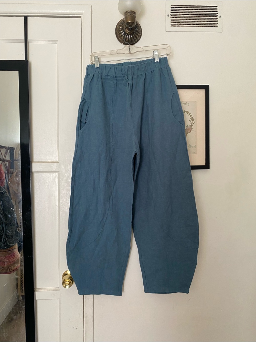 Teal blue linen barrel pants